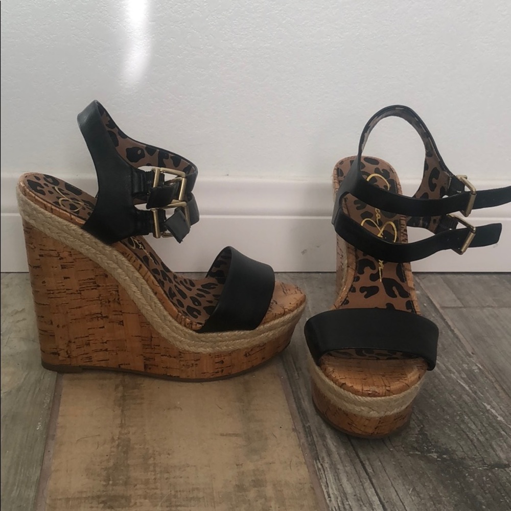 Jessica Simpson - Cork Strappy Wedges - Black/Tan